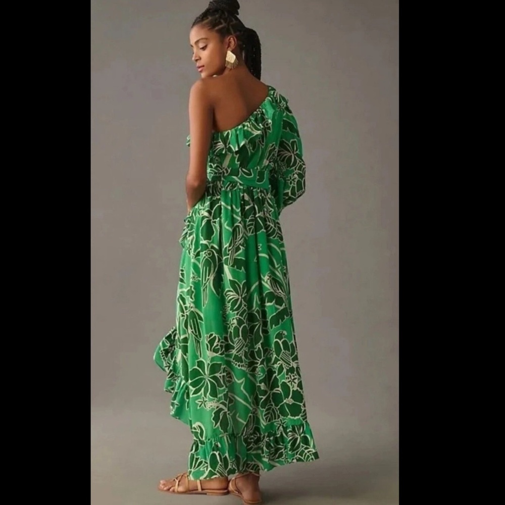 Farm Rio x Anthropologie One-Shoulder Maxi Dress – Green Floral Print